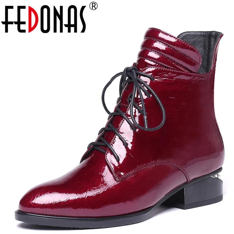 

FEDONAS 1Fashion Women Ankle Boots Autumn Winter Warm Patent Leather High Heels Shoes Woman Cross-tied Round Toe Ladies Boots