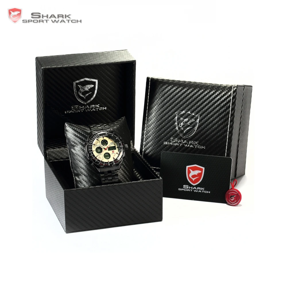

Luxury Leather Box Eightgill Shark Sport Watch Digital LCD Steel Band Date Stopwatch Reloj Men Military Quartz Watches/SH114/116
