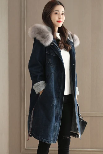 Harajuku Women Denim Parka Feminino 2018 New Winter Warm Wool Liner Winter Jacket Ladies Meidum Long Hooded Faux Fur Collar Coat Harajuku Women Denim Parka Feminino 2018 New Winter Warm Wool Liner Winter Jacket Ladies Meidum Long Hooded Faux Fur Collar Coat