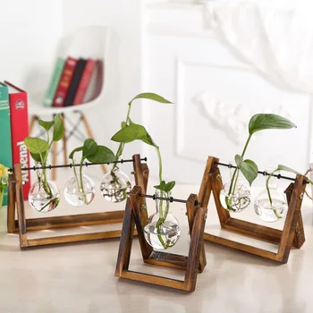 

Bulb Shape Hydroponics Glass Vase Swing Stand Flower Pot Flower Vase Desktop Home Deor Vase Wooden & Glass Craft 1/2/3 Bulbs