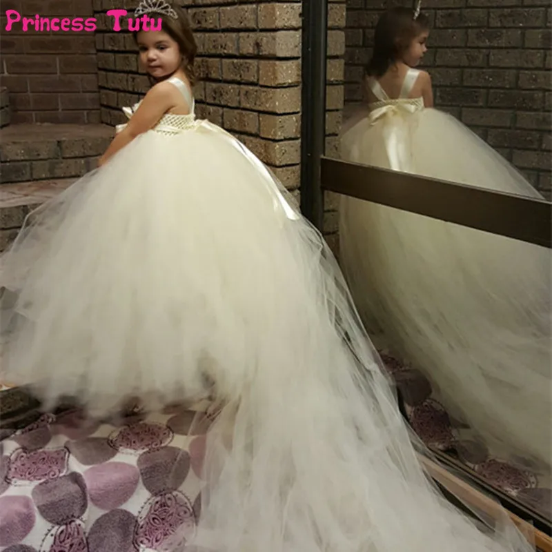 White, Ivory Princess Tutu Dress Tulle Flower Girl Dresses Trailing Kids Party Wedding Dress Children Robe Enfant Fille Mariage White, Ivory Princess Tutu Dress Tulle Flower Girl Dresses Trailing Kids Party Wedding Dress Children Robe Enfant Fille Mariage