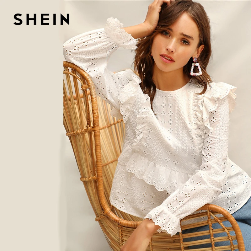 SHEIN Топ С Вышивкой И Оборкой Женская Весенняя Белая Повседневная Блузка С Длинными Рукавами И Круглым Вырезом