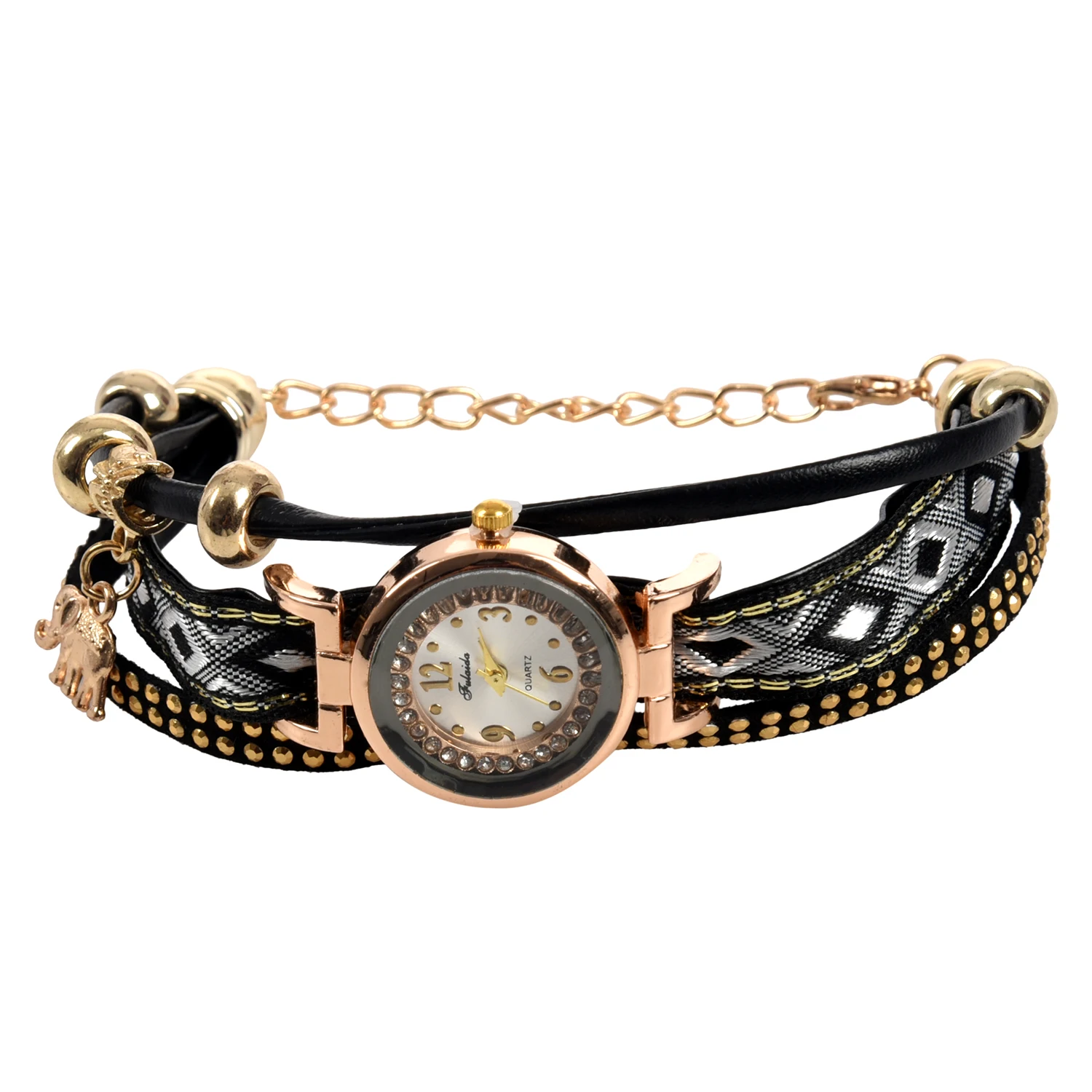 

Fulaida Rhinestone Watches Elephant Pendant Wrap Leather Wrist Watch Women Watch