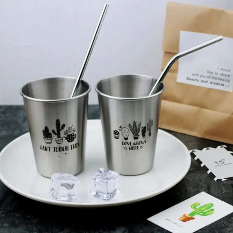 

Nordic Style Stainless Steel Cups with Juice Cactus Pattern Beer Tea Cups Tumbler Pint Metal Kitchen Drinking Mug Bar Supply
