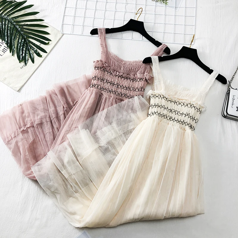 

Fungus Waist Waist Slim Suspender Dresses Female Summer New Solid Color Pleated Mesh Dress Fairy Bodycon Long Sleeve Dress Mw728