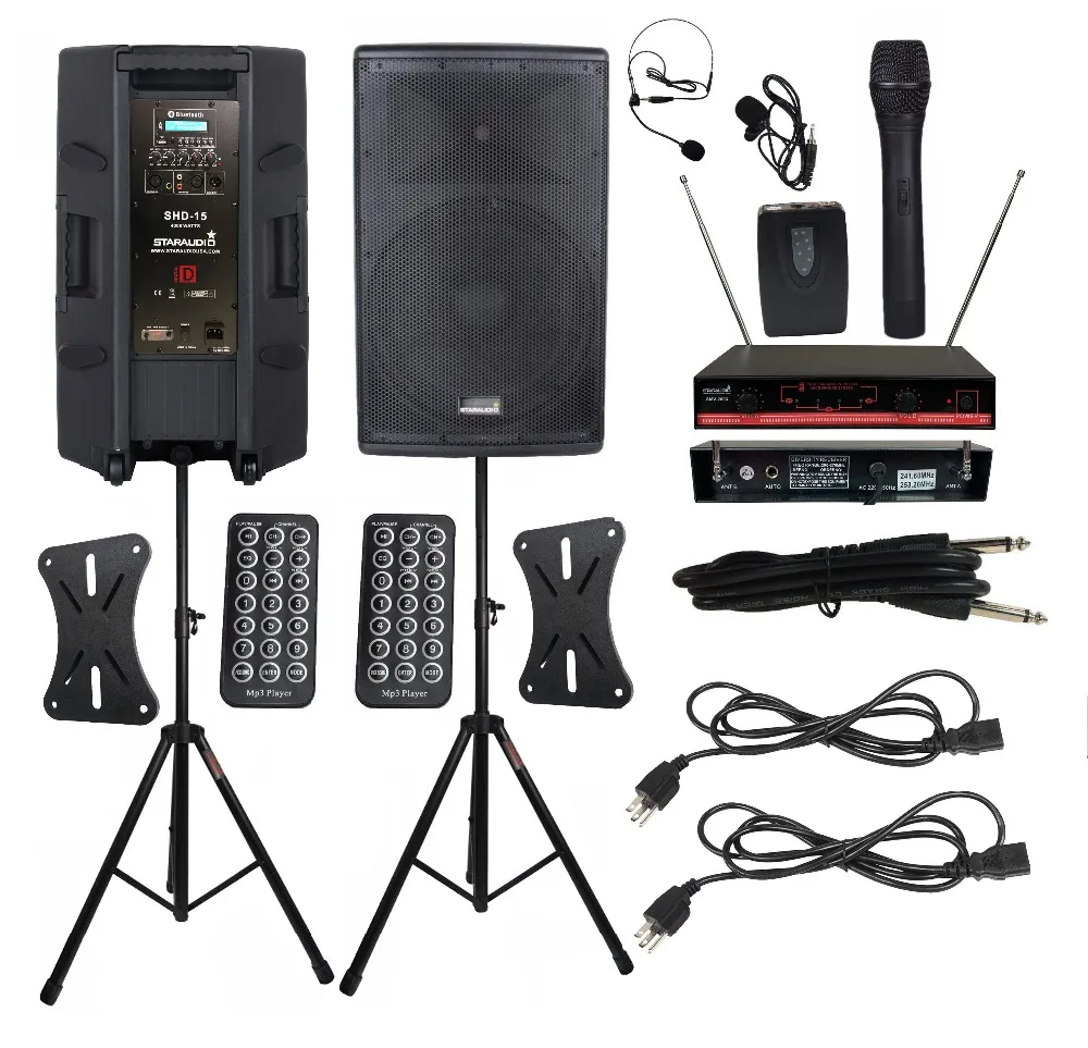 

STARAUDIO Dual 15 Inch 4000W PA Power Speakers Active Club DJ Speaker Stands 2CH VHF Wireless Handheld Headset Microphone SHD-15