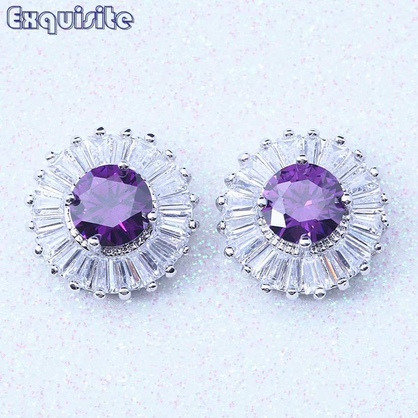 

New Design Purple Crystal & Cubic Zirconia Stud Earrings Silver Color for Women Party brinco Fashion Jewelry H0024