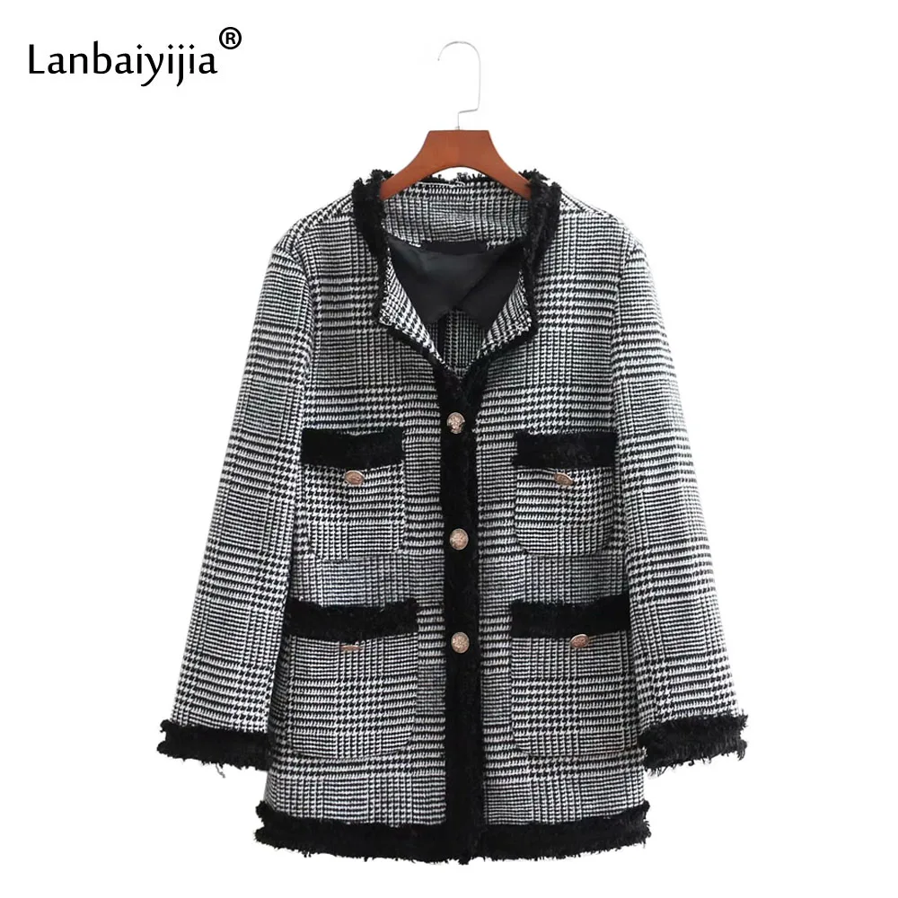 

Lanbaiyijia Newest Women Fashion Autumn Soft Woollen Striped Outerwear Women Coats Four Pockets Single Breasted Loose Coats