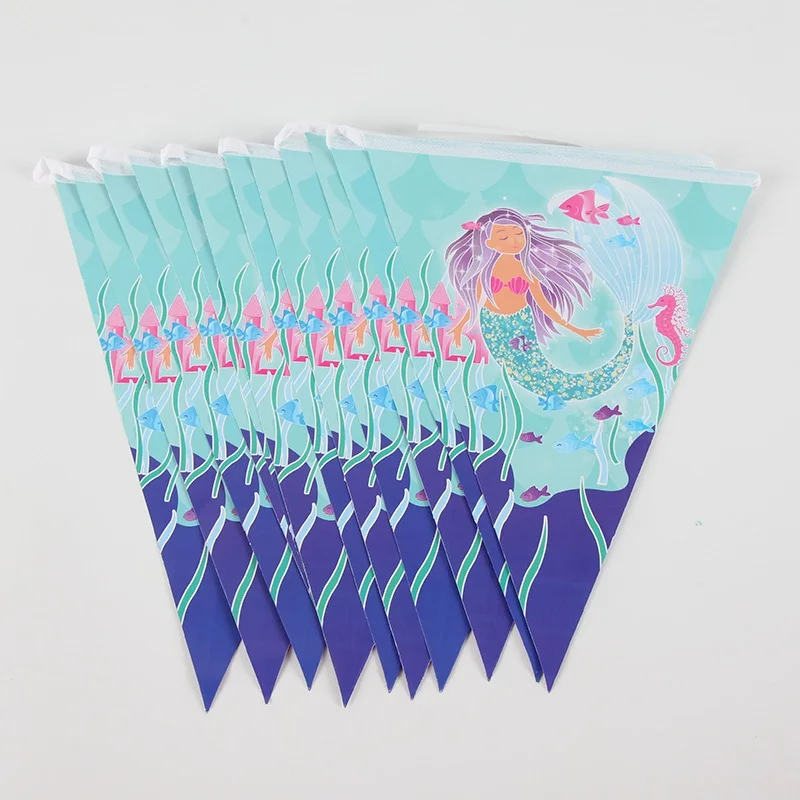 

12pcs Cartoon Mermaid Party Banner Birthday Ocean Theme Pennant Disposable Tableware Sets Burgee for Kids Party Supplies