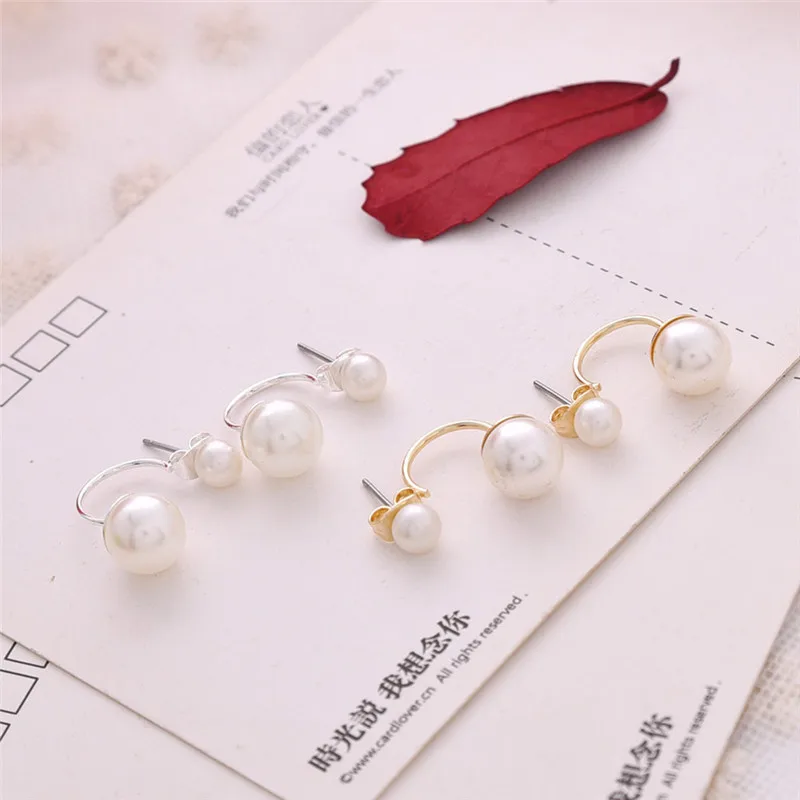

1 pair Fashion Silver Gold Color Double Sided Pearl Earrings Jewelry For Women High Quality Pearl Stud Earrings