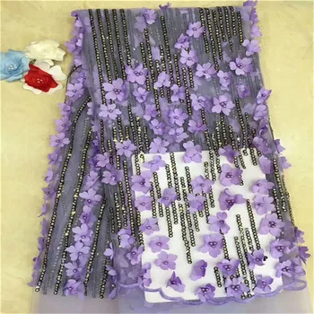 

New Design Beaded Nigerian Lace Fabric 2019 High Quality African Tulle Lace Fabric With 3D Flowers French Net Lace For Wedding
