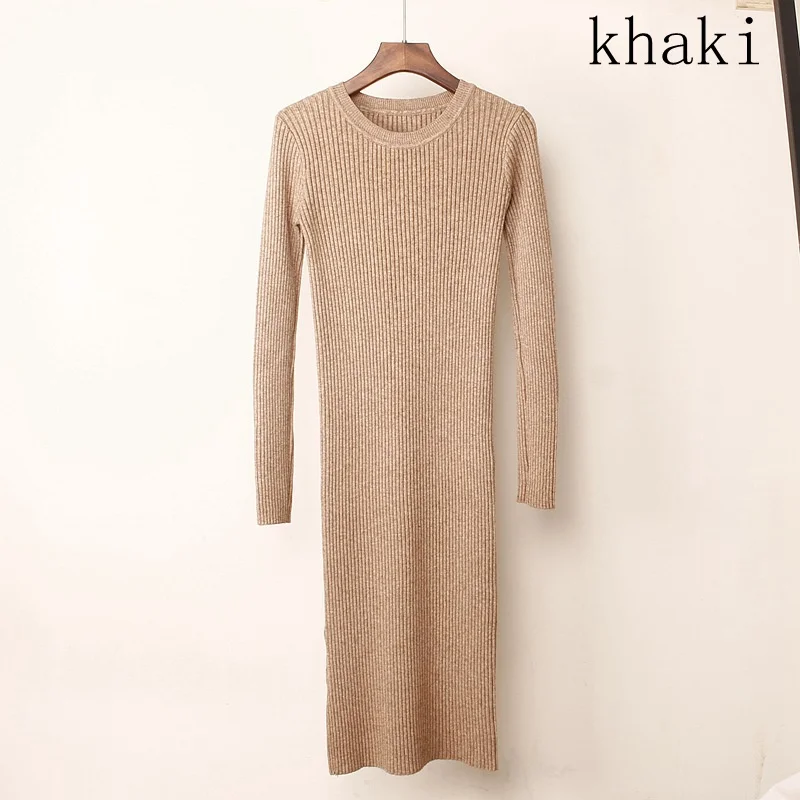 khaki 858 GIGOGOU толстое теплое Женское зимнее платье длинное тонкое трикотажное платье осеннее с круглым вырезом до середины икры женское платье-свитер - Цвет: khaki 858
