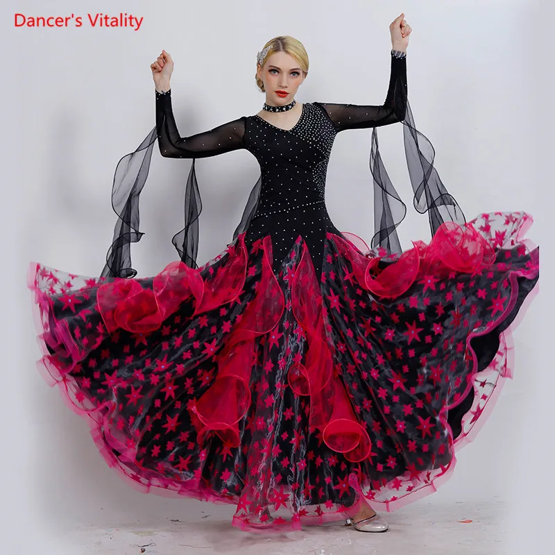 

2019 New Ballroom Dance Costumes Ice Silk Gauze Diamond Big Swing Dress For Women Latin Waltz Tango Dance Competition Dresses