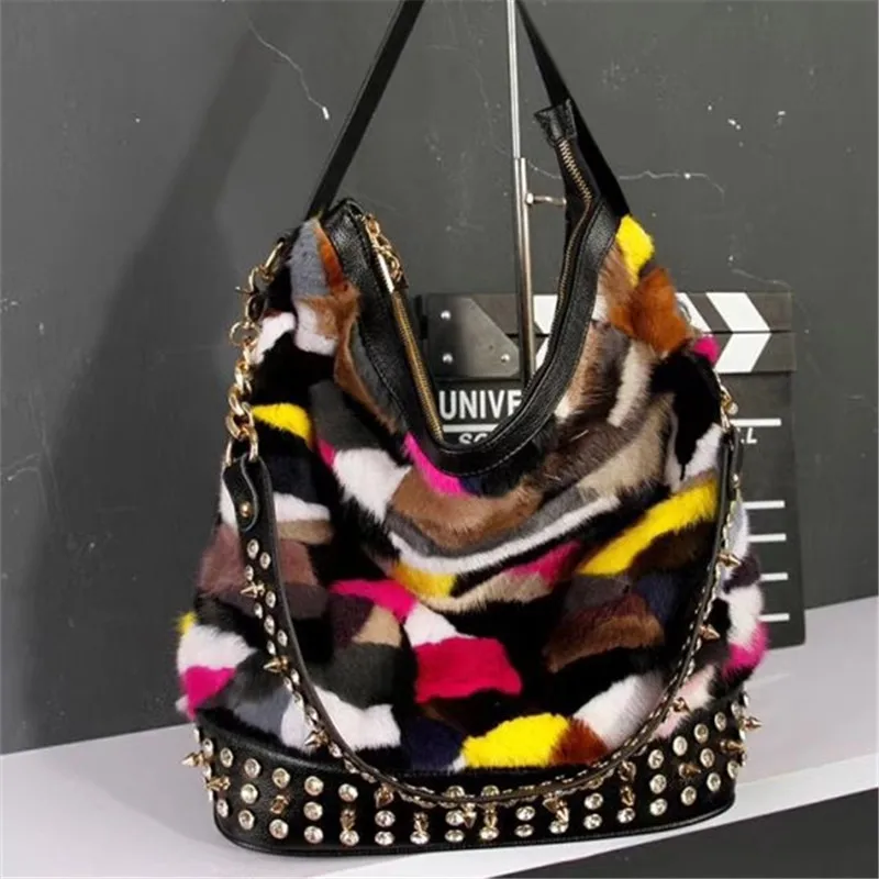 

Fall winter hot sale real sheep fur hair+genuine leather rivet women tote shoulder bag Luxury brand warm feminina ladies handbag
