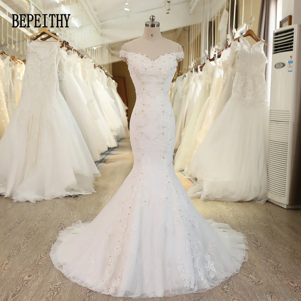 

BEPEITHY Real Photo 2019 Vestido De Novia Mermaid Sexy Off The Shoulder Robe De Mariage Beaded Lace Bridal Wedding Dress