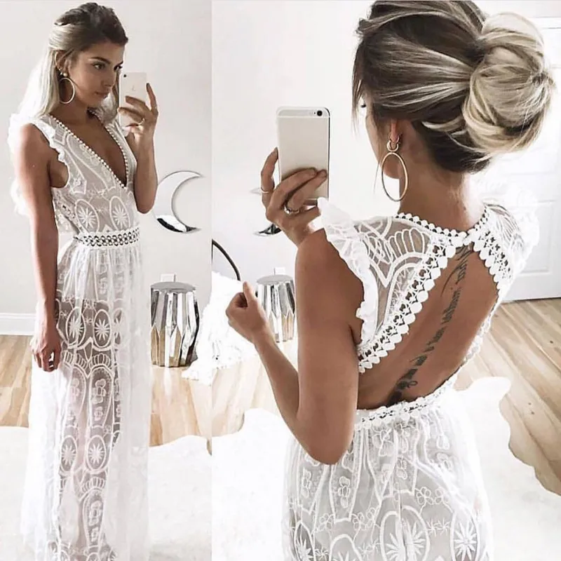 WEIXINBUY 2017 Summer Sexy Hollow Out White Lace Dress Women High Waist Sleeveless Backless Elegant Christmas Maxi Long Dresses long-white-lace-dress
