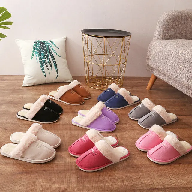 Home Winter Micro Suede Upper Fur Plush Warm Home Indoor Winter Leather Man Women Soft Slippers (6)