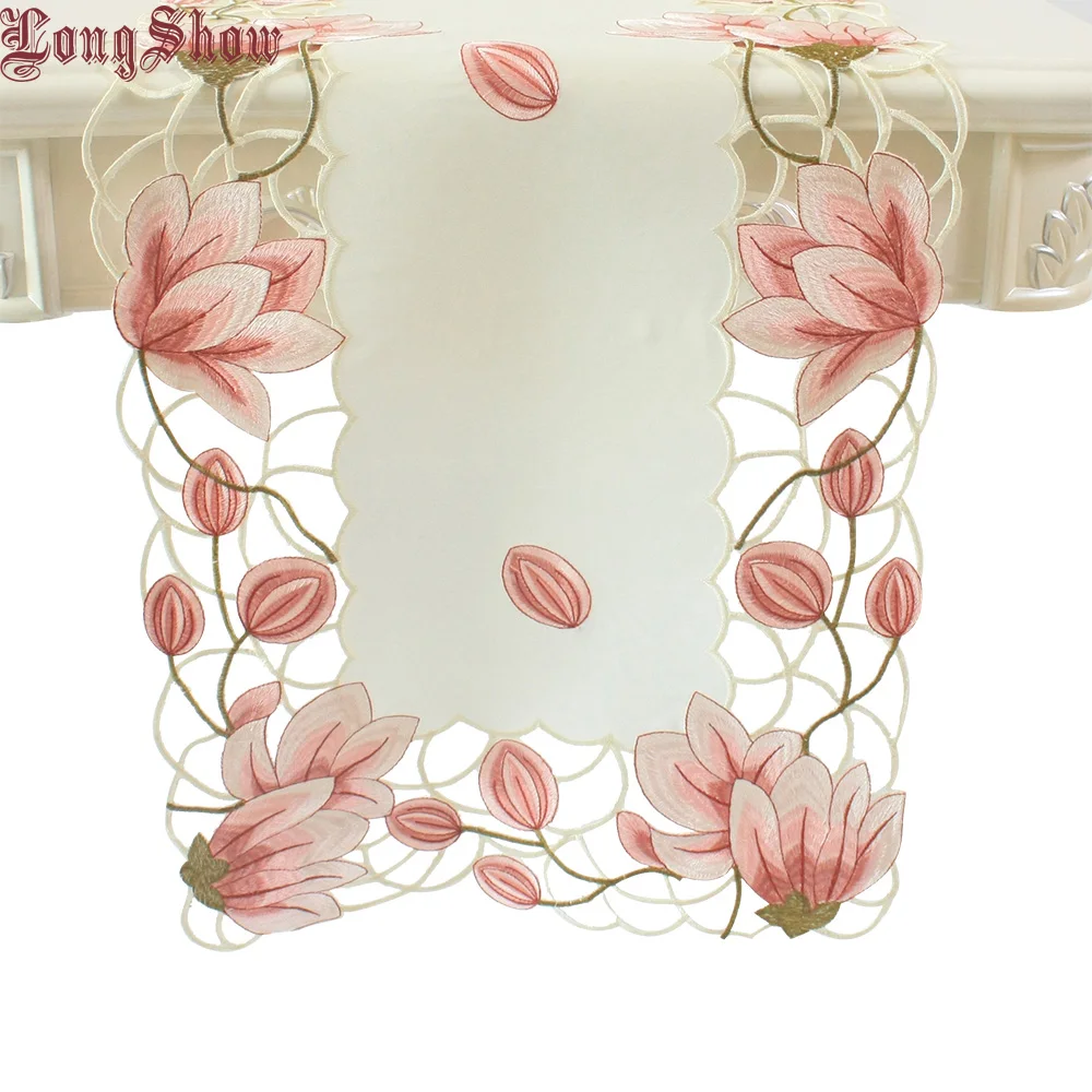 

2019 Newest Design Luxury Wedding Party Decorative Pink Yellow Colour Handmade Satin Cutwork Embroidered Table Runner