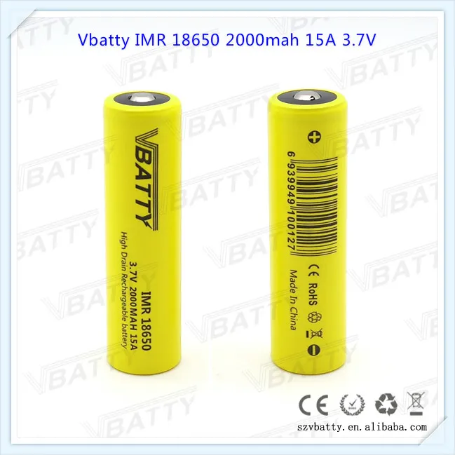 

Vbatty IMR 18650 2000mah 15A 3.7V rechargeable high drain Li-ion battery with Button top(1 pc)