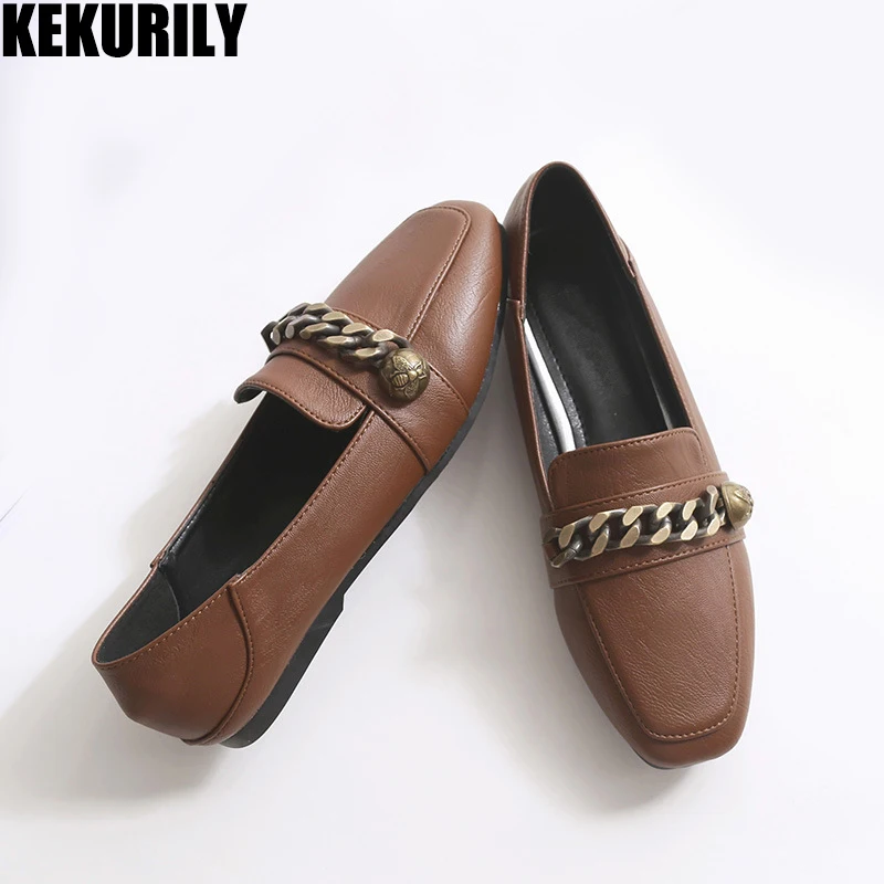 

Woman shoes flats Loafers metal chain Slip on Sandals square toe sandals shallow Comfortable slides big size black green brown