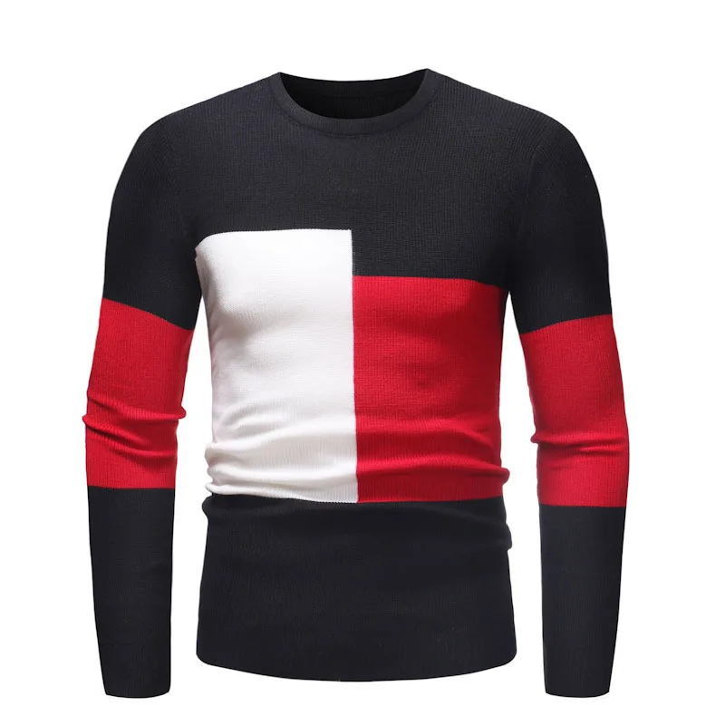 Black Sweater Men Warm Contrast Color Mens Knitted Sweaters Casual Slim