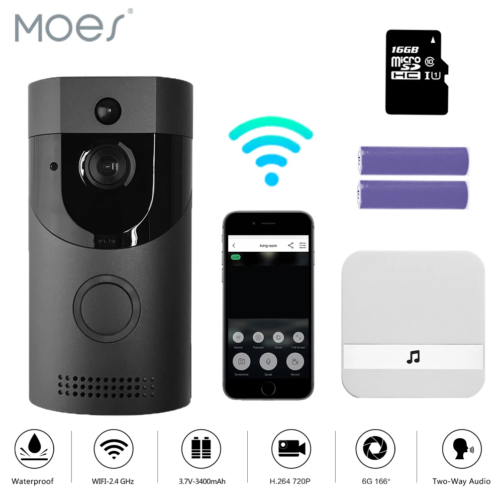 

WiFi Video Doorbell Camera IP68 Waterproof 720P Real-Time Video Two-Way Talk Night Vision PIR Motion Detection