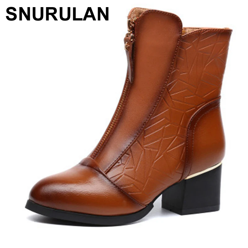 

SNURULAN2018New Winter Shoes Women Fashion Genuine Leather Warm Ankle Boots Ladies High Heels Short Boots Woman Pumps ShoesE062