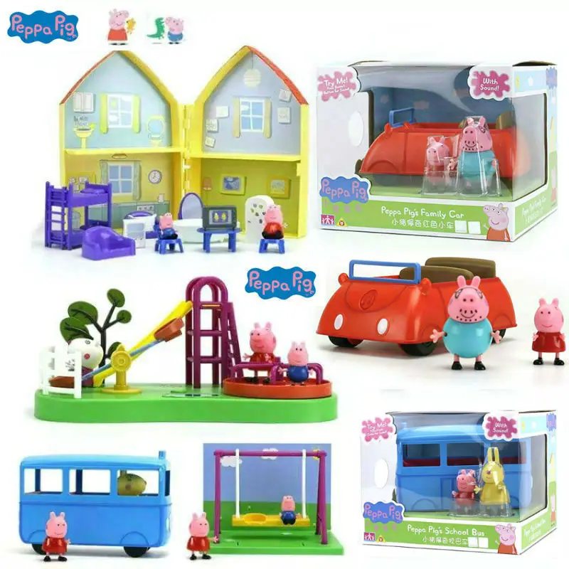 

2019 Genuine Peppa Pig George PLAYHOUSE Model Doll Family House slide swing red bus car Playset Action Figure Kid Toys Original