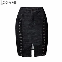 LOGAMI Высокая талия заклепки обёрточная бумага юбка женская мини джинсовые юбки для женщин тонкий черный синий