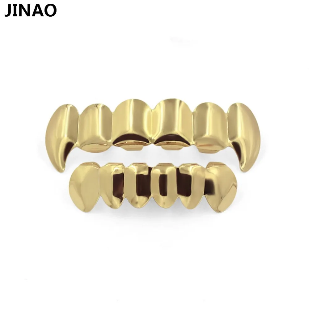 JINAO Настоящее блестящее чистое золото посеребренные хип-хоп ЗУБЫ Grillz Top& Bottom Groll набор с силиконовыми вампирскими зубами грили