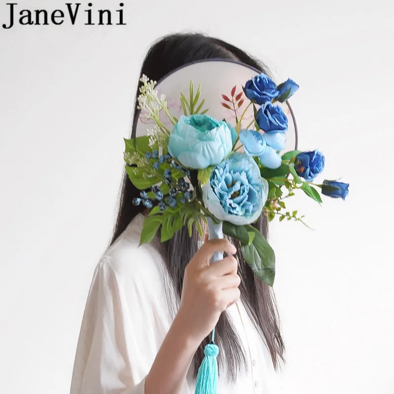 JaneVini синий ручной вентилятор китайский стиль невесты крышка уход за кожей лица держателб для свадебных цветов букет розы Свадебные