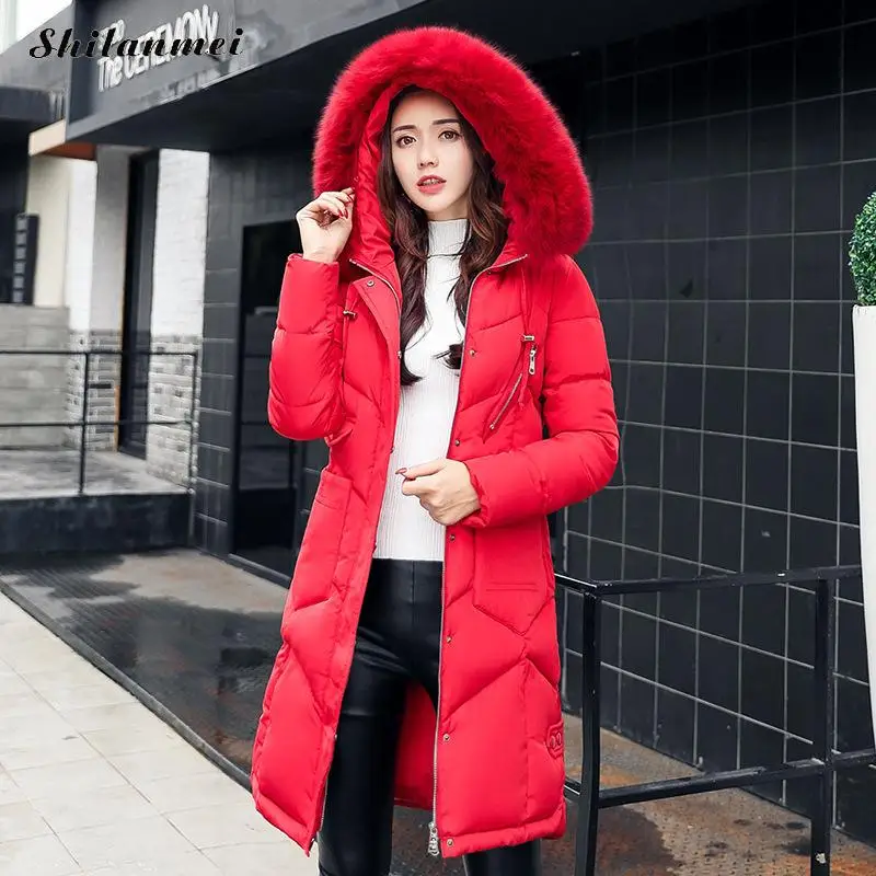 2018 Winter Women Hooded Coat Fur Collar Thicken Warm Long