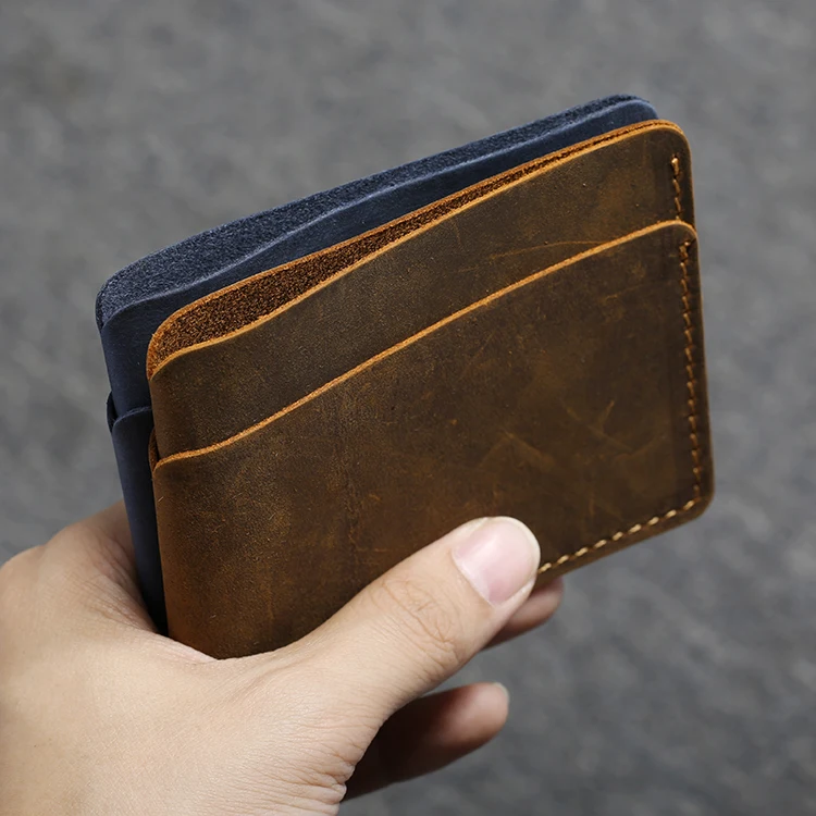 Vintage Handmade Bank Card Holder Men Genuine Leather Minimalist Clip Wallet for Credit Cards