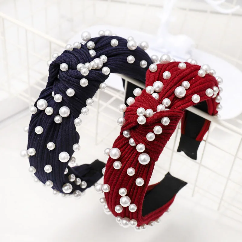 

Vintage Thick Fabric With Pearl Knotted Hairband Knitting Knot Headband Hair Accessories Hair Jewelry