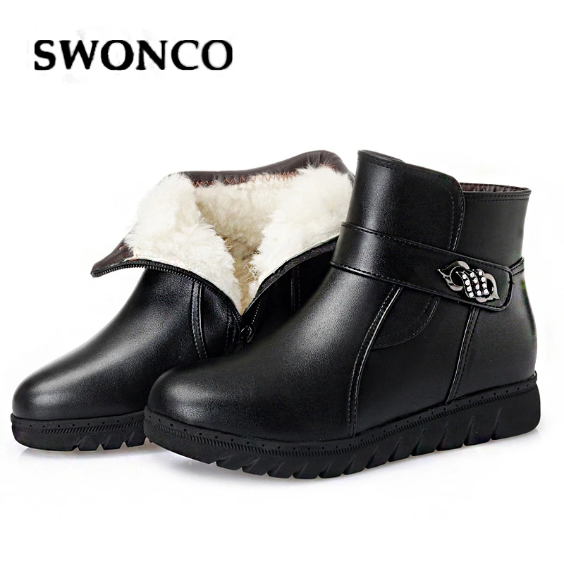 

SWONCO Natural Wool Fur Winter Shoes Women Snow Boots Platform 2019 Winter New Female Black Causal Shoes Ankle Boots For Women