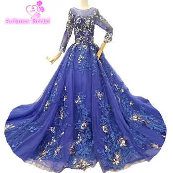 

2018 Blue Tulle Scoop Chapel Train Long Sleeves Bridal Gowns Lace Up Ball Gown Illusion Wedding Dresses Vestido De Noiva Mariage