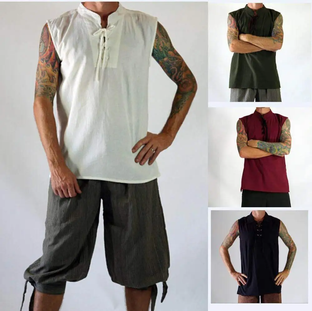 

Renaissance Mens Sleeveless Knight Top Shirt Medieval Peasant Pirate Cos Costume Lace Up Trousers Cosplay Costumes
