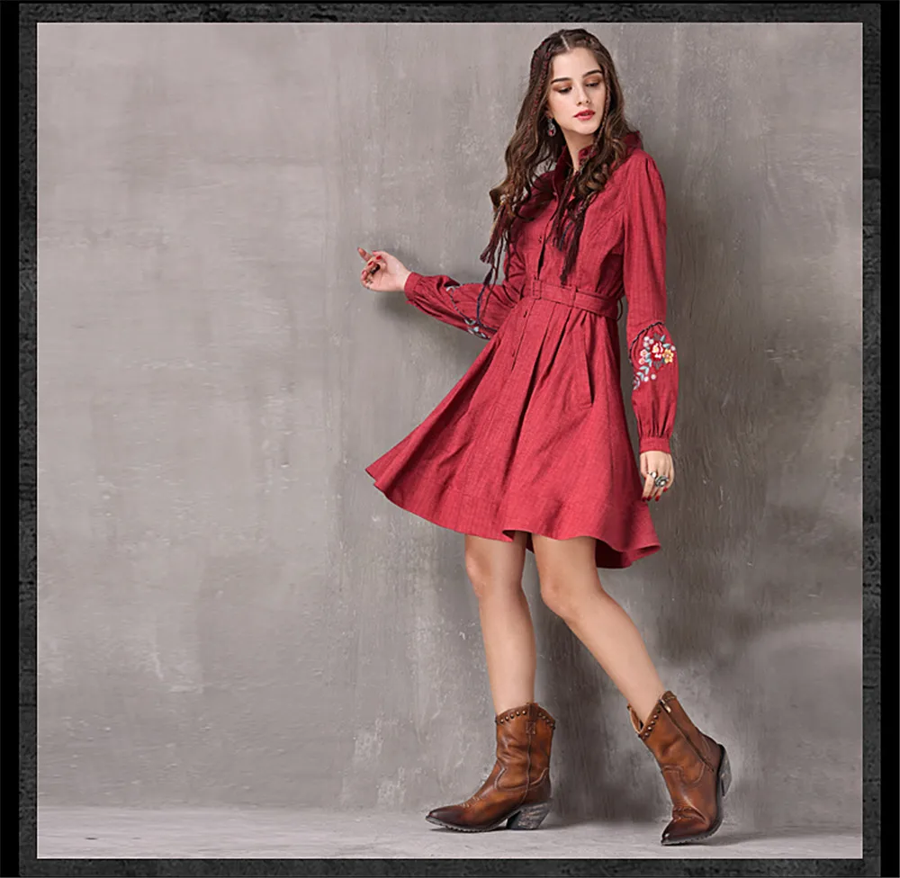 Vintage Spring Women's Dress 2018 New Cotton Linen Vestidos A-line Lantern Sleeve Stand Collar Belted Red Dresses For Women (7)