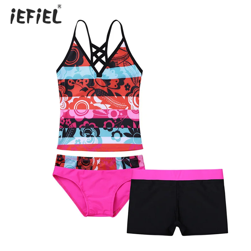 

3PCS New Kids Girls Stylish Swimwear Tankini Floral Printed Swimsuit Swimwear Bathing Suit Set Tops with Bottoms Shorts SZ 4-16