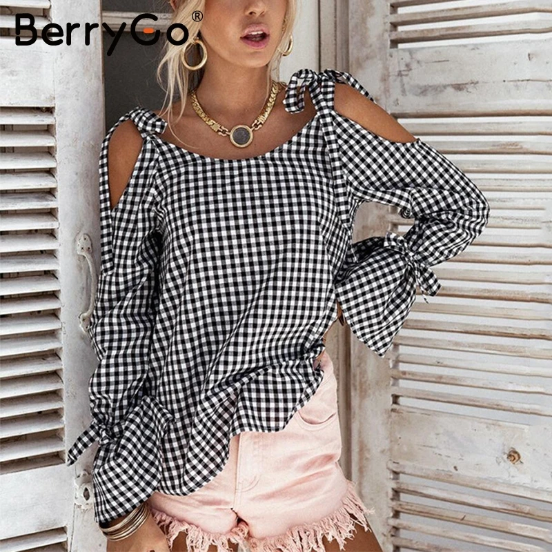 Berrygo Sexy с открытыми плечами Клетчатая блуза рубашка Для женщин лук длинные рукава