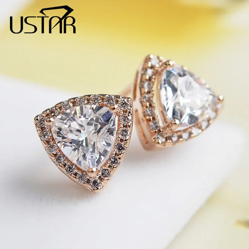 

USTAR Triangle Zircon Crystals Stud earrings for women Rose Gold Color Fashion Jewelry Earring female Brincos Bijoux top quality