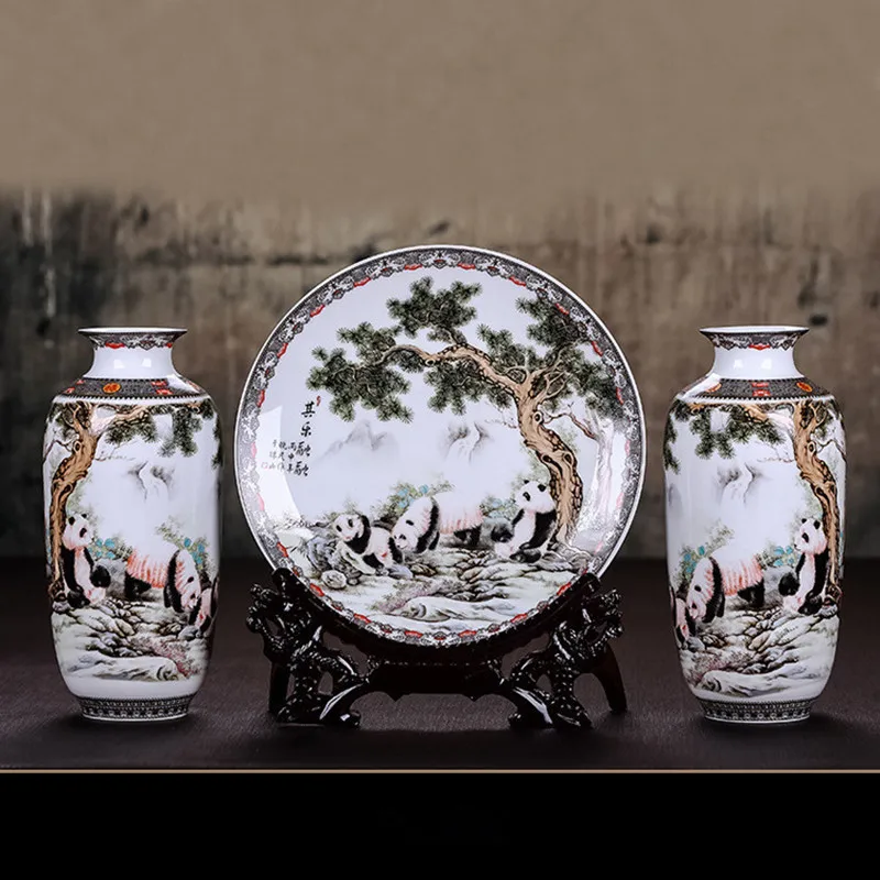 

Modern Chinese classical styleJingdezhen Tabletop Decoration Flower Vase and Plate with Stander Ceramic Vase Decoration pot