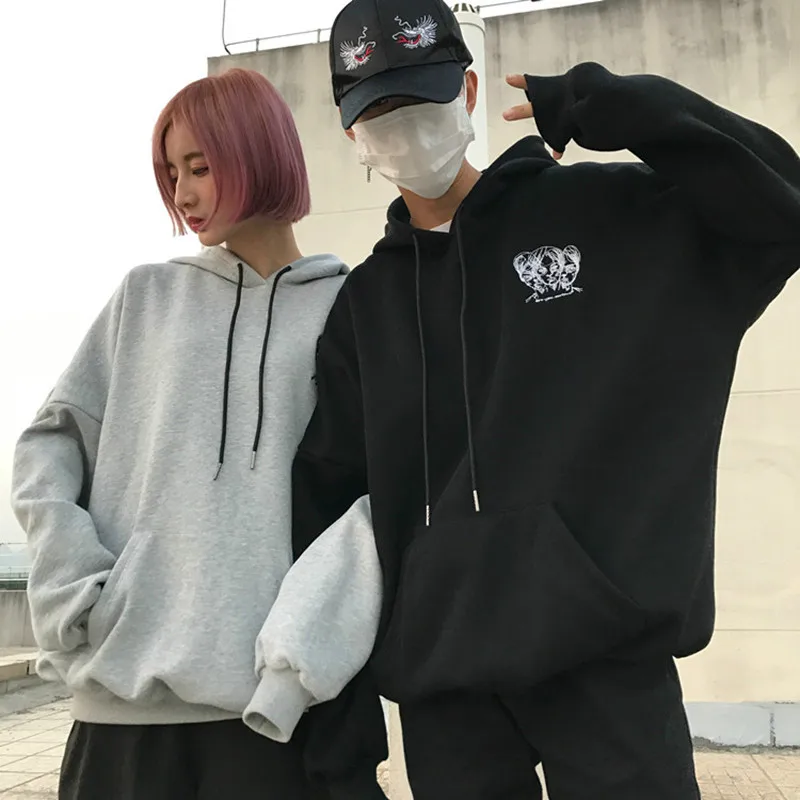 Lychee Girls Head Embroidery Hooded Fleece Sweatshirt Long Sleeve Pocket Hoodies Autumn Winter Casu