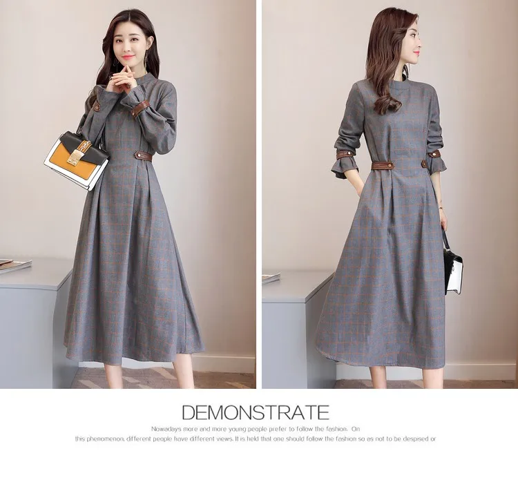 New Brand Spring Autumn Long Sleeve Plaid Dress Women Elegant Empire Pleated Dresses Elegant Office Work Vintage Long Dress