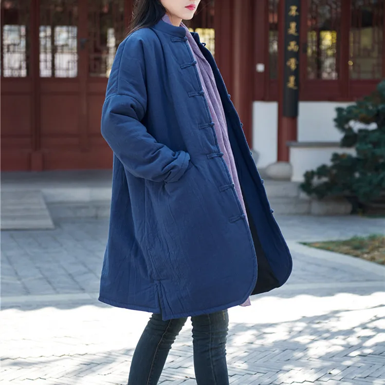 Новое поступление, женские хлопковые льняные парки, женская одежда, оригинально Восстановленное пальто, утолщенная мягкая верхняя одежда, высокое качество, зимние топы - Цвет: Тёмно-синий