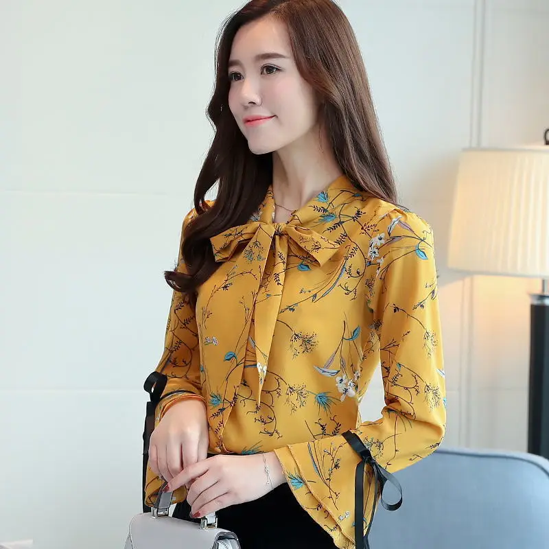 

2019 New Spring Women Elegant Casual Chiffon Blouse Floral Print Bow Design Long Sleeve Shirt Basic Ladies Tops