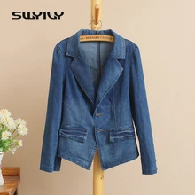 SWYIVY Women Blazer Jacket Coat Spring 2018 Denim Casual Blazers Women Slim Coat Cotton Women Blazers 5XL Big Size Office Blue SWYIVY Women Blazer Jacket Coat Spring 2018 Denim Casual Blazers Women Slim Coat Cotton Women Blazers 5XL Big Size Office Blue