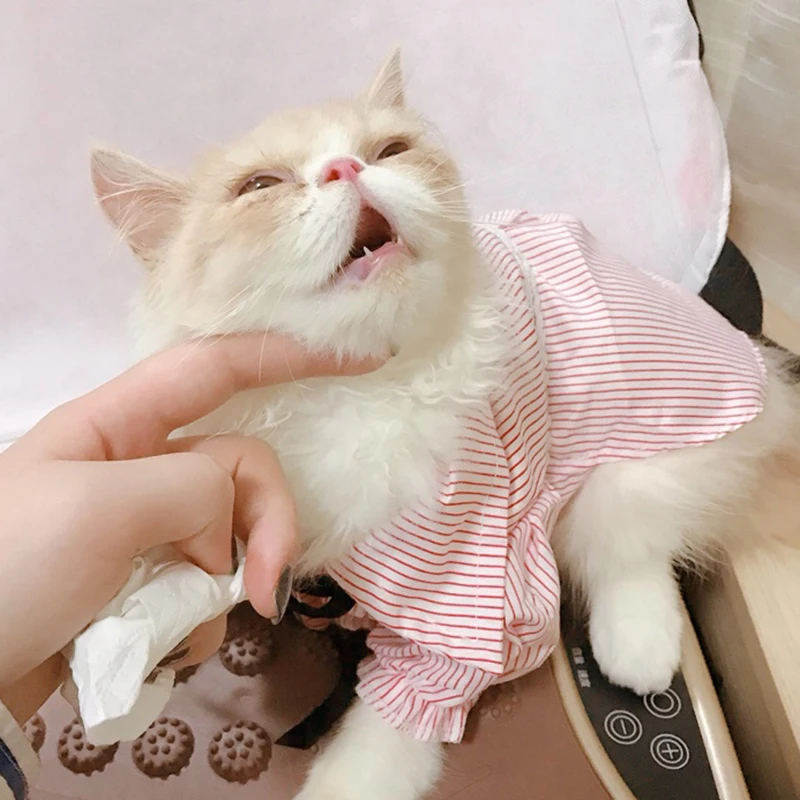 Милая полосатая футболка с котом для домашних животных хлопковая одежда кошек