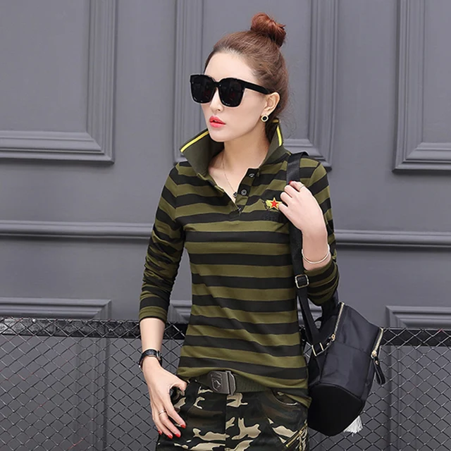 Brand High Quality Cotton Camouflage polo Shirt Women Fashion striped Shirt Women's long sleeve skinny Shirt 2018 New 1832 1