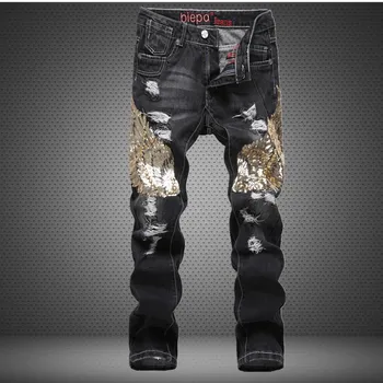 

Hot Sale 100% Original Brand Black Jeans Fashion Eagle Wings Embroidery Ripped Jeans for Men Casual Elastic Distressed Pants
